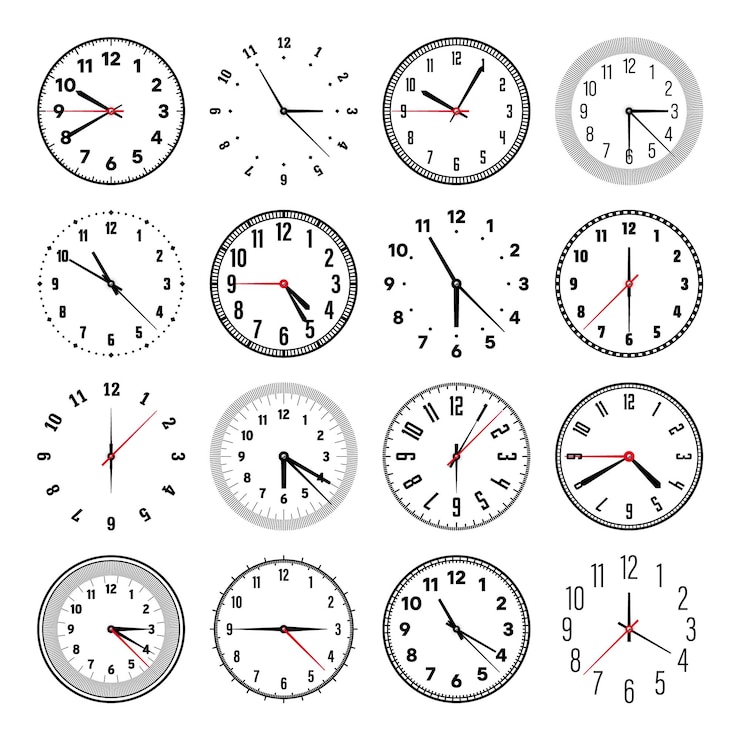 Vector mechanical clock faces with hands bezel watch dial with minute hour marks and numbers arabic