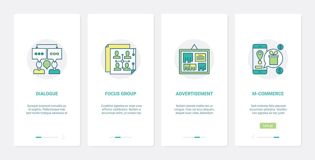 Media advertising commercial technology UX, UI onboarding mobile app page screen set