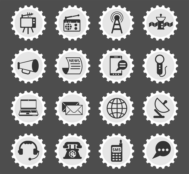 Media symbols on a round postage stamp stylized icons