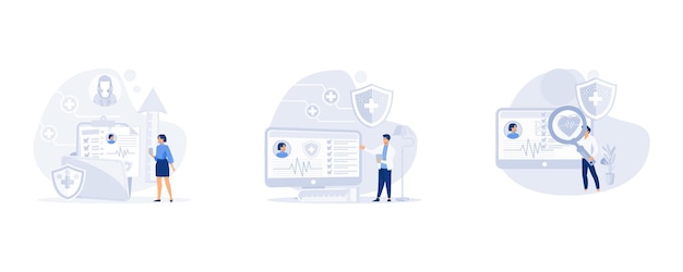 medical history and health record paper for hospital doctor ehealth system for data and information collection cardiogram and health indicators for monitoring set flat vector modern illustration