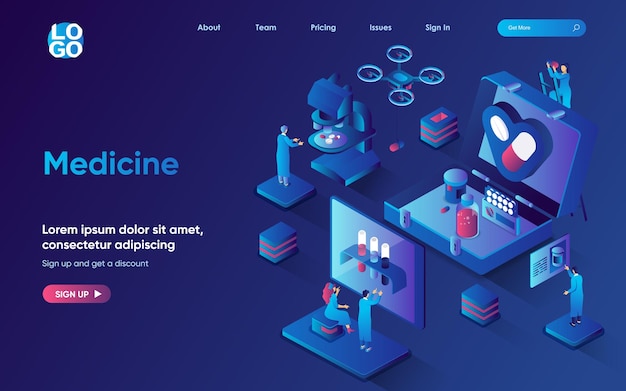 Medicine concept isometric landing page Scientists develops medicines does research in lab