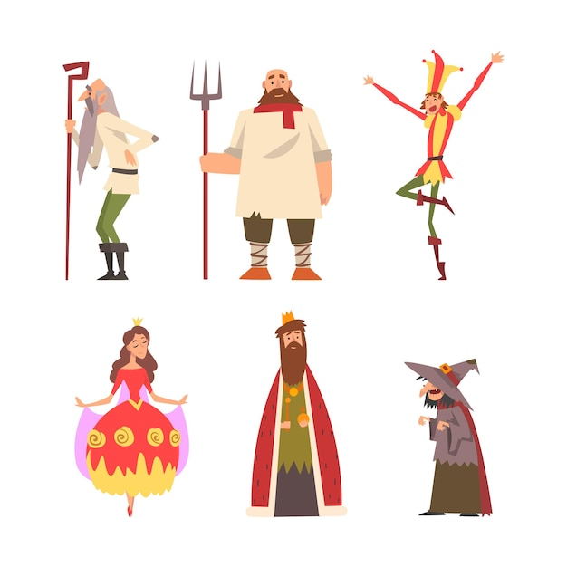 medieval king in mantle princess old peasant man with cane jester and witch vector set