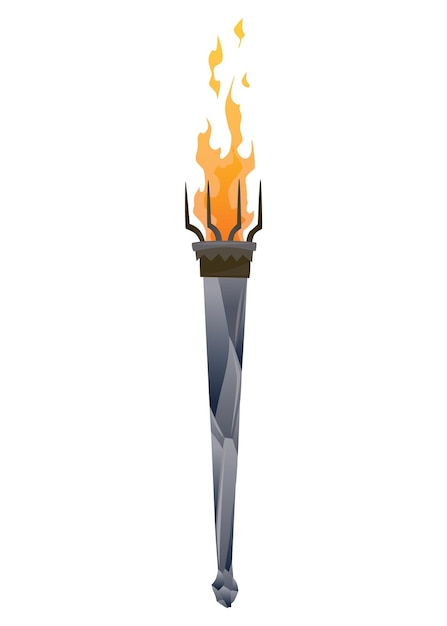 Medieval torch with burning fire Ancient realistic metal torch with flame Cartoon game element vector illustration