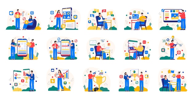 mega set of colorful simple concepts with people scene in flat cartoon design