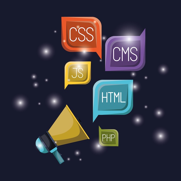 megaphone and dialog box with web programming language codes