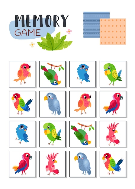 memory game with cartoon tropical parrots.