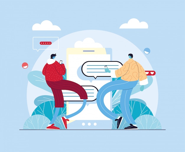 Men with smartphone chatting, chat bubble
