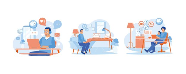 Men work from home Analyzing candlestick charts Using his laptop to work online Home Office concept Set flat vector illustration