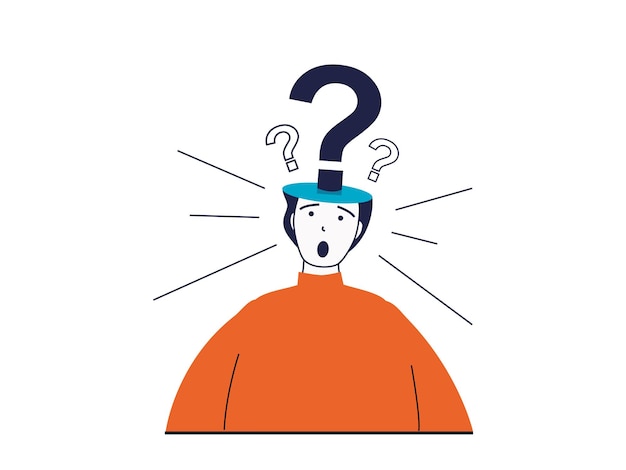 Mental health concept with character situation Excited man asks himself lot of questions suffers from frustration and feeling stressed Vector illustration with people scene in flat design for web