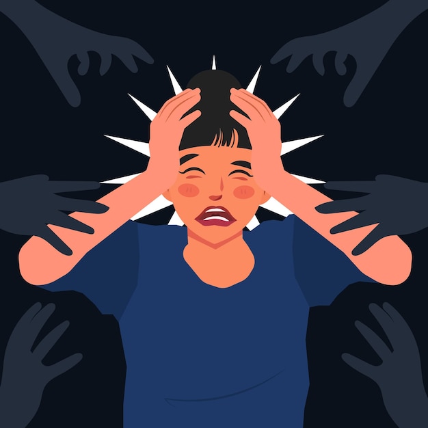 mental health woman panic attack hands in flati llustration