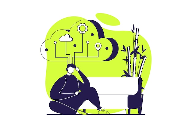 Mental mindset types web concept with flat people for website design Man with analytical and logical mind thinking and solving structural problems with connection systems Vector illustration