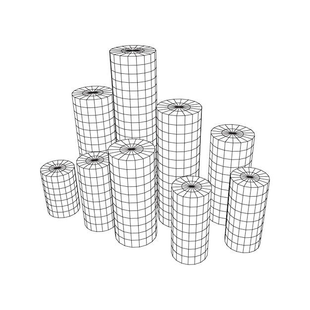 Mesh low poly wireframe Cylinder array like skyscraper city Connected lines Connection Box Structure Digital Data Visualization Concept Vector Illustration