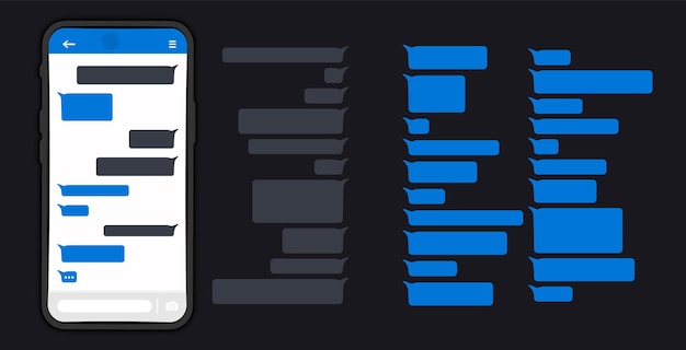 messages bubbles. messages on screen smartphone. chat messages on phone flat design messages bubbles on screen. message bubbles for chat. bubbles design template for messenger chat. dark or night mode