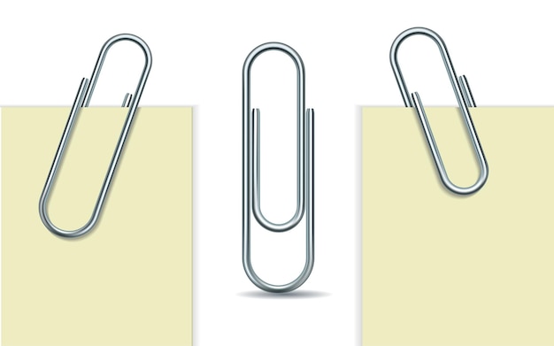 Metal paper clip and paper isolated on white background. Vector Illustration