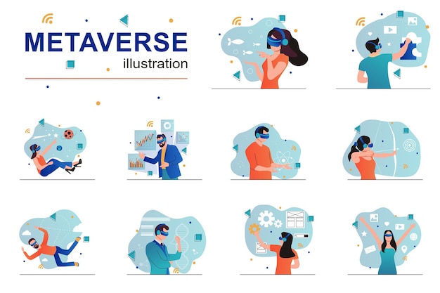 metaverse concept with people scenes set in flat design men and women in vr headset