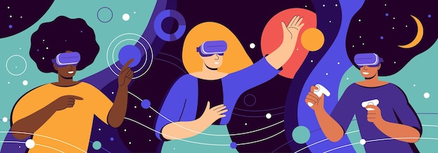 metaverse digital virtual reality multicultural women's team working in vr headset and futuristic glasses outer space planets and stars break the science bias colorful flat vector illustration