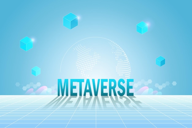 Metaverse virtual reality augmented reality and blockchain technology user interface 3D experience Word metaverse and world map globe in futuristic environment background