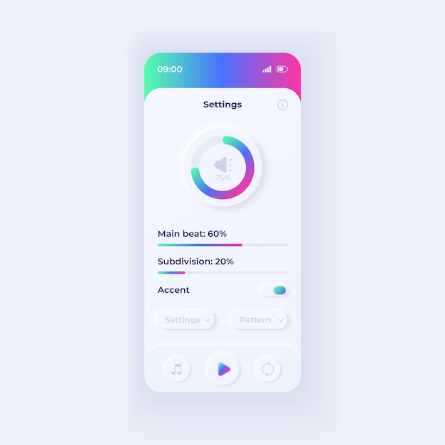 Metronome application settings smartphone interface vector template. Mobile app page light design layout. Parameters adjustment screen. Flat UI for application. Volume and BPM amount on phone display.