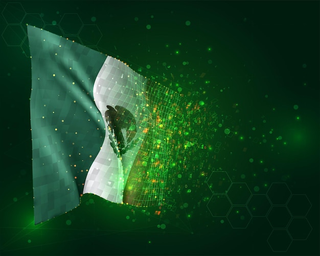 Mexico, 3d flag on green background with polygons
