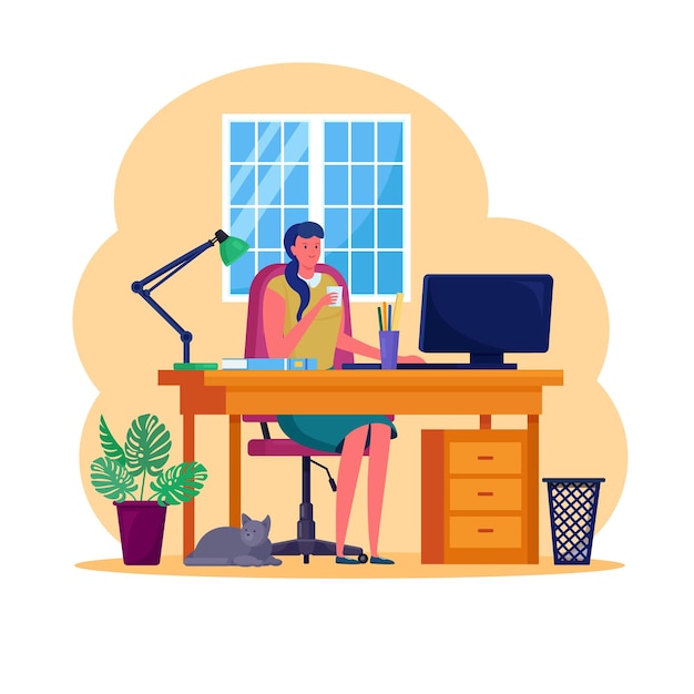 Middle age woman working at home with cat