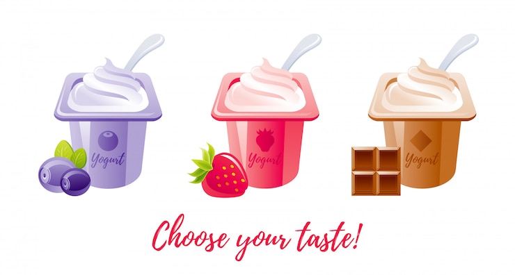 Vector milk fruit yogurt with blackberry, strawberry, chocolate.
