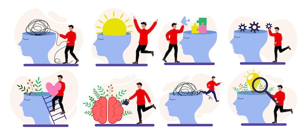 Mindfulness and mental health concepts illustrated through colorful graphics
