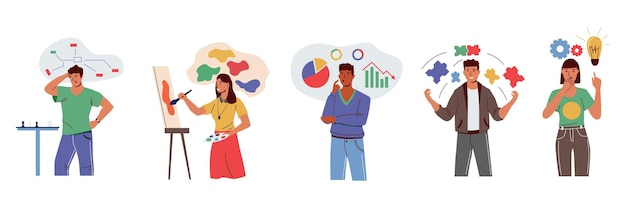 Mindset types Cartoon creative logical structural and imaginative characters with different way of thinking Mind work Mental individuality concept Brain organization Vector solving problems set