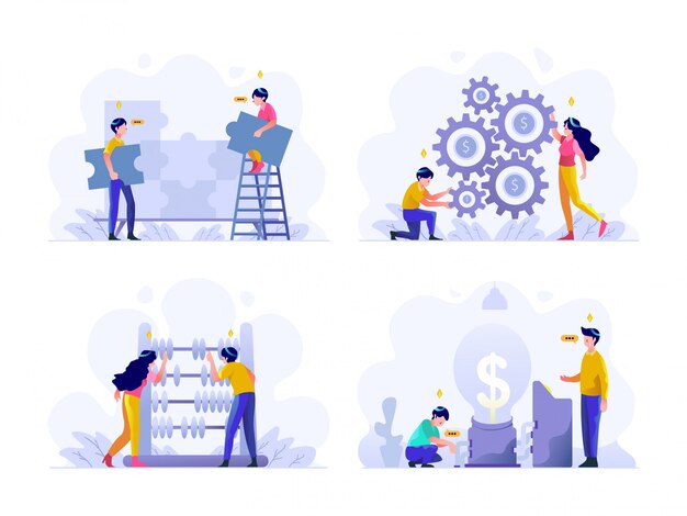 Minh họa kinh doanh và tài chính phong cách thiết kế gradient phẳng, giải đố, giải quyết vấn đề, làm việc nhóm, thiết lập quản lý tiền, bàn tính, tính toán, ý tưởng