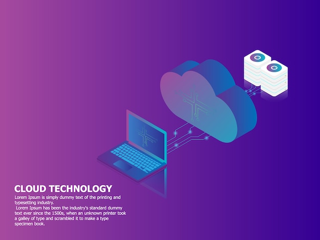 Minh họa về nền isometric vector công nghệ điện toán đám mây với máy tính xách tay