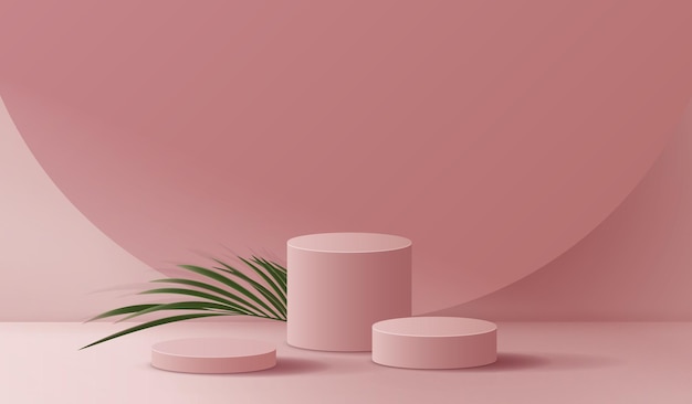 minimal cosmetic pink background and premium podium display for product presentation branding and packaging presentation studio stage with shadow of leaf background vector design