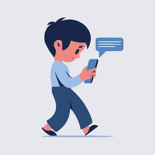 Minimal Flat Illustration of Boy Walking While Watching Mobile with Chat Bubble Blue Color Scheme