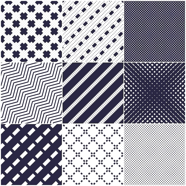 Minimal lines vector seamless patterns set, abstract backgrounds collection. Simple geometric designs. Seamless lines vector minimalistic arts. Crossed lines grid, diagonal lines, dashed lines, dotted