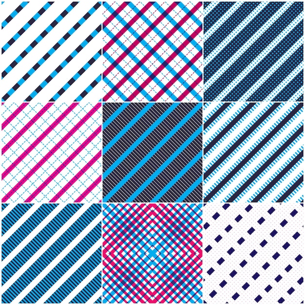 Minimal lines vector seamless patterns set, abstract backgrounds collection. Simple geometric designs. Seamless lines vector minimalistic arts. Crossed lines grid, diagonal lines, dashed lines, dotted