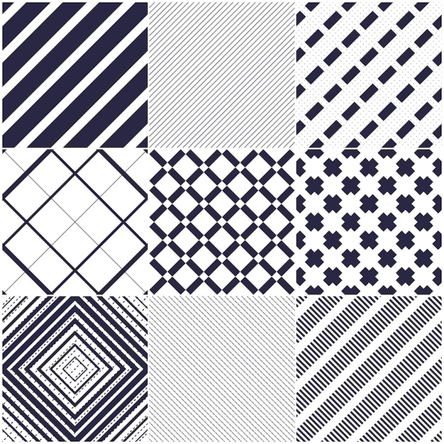Minimal lines vector seamless patterns set, abstract backgrounds collection. Simple geometric designs. Seamless lines vector minimalistic arts. Crossed lines grid, diagonal lines, dashed lines, dotted
