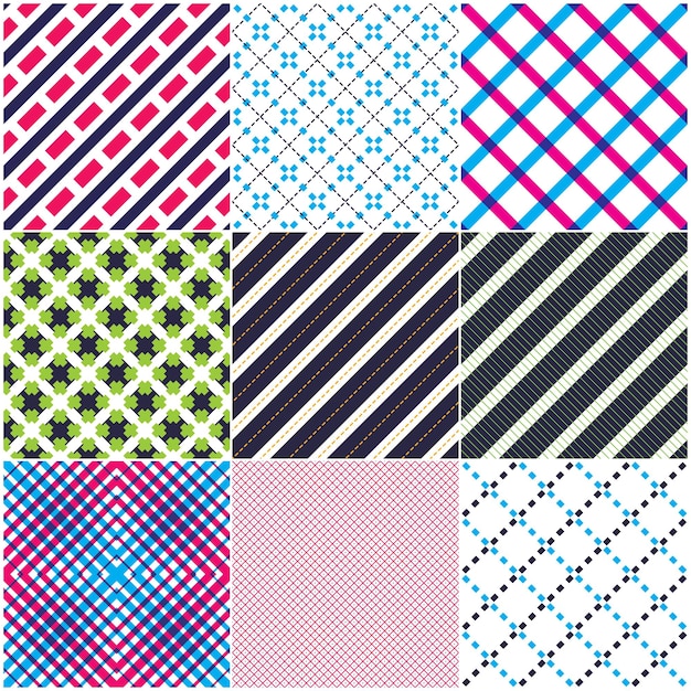 Minimal lines vector seamless patterns set, abstract backgrounds collection. Simple geometric designs. Seamless lines vector minimalistic arts. Crossed lines grid, diagonal lines, dashed lines, dotted