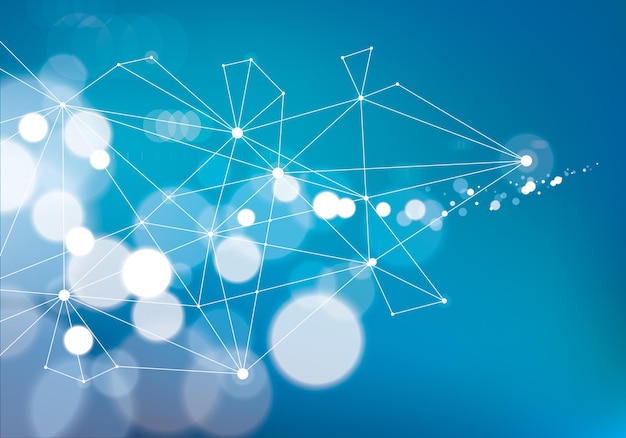 Minimalism chaotic 3d connection communication mesh technology and science background. With blurred defocused round lights texture. Vector abstract virtual particles structure.