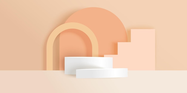 minimalist podiums for product display with pedestal arch and figures on beige background