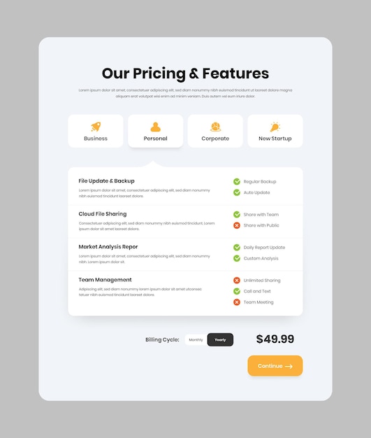 minimalist service subscription pricing and feature overview web user interface design