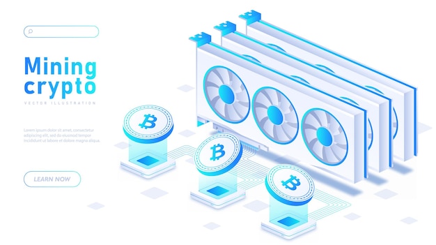 Mining cryptocurrency white banner Bitcoin and litecoin cryptocurrency and blockchain technology Mining and coding Modern technologies and digital world Isometric vector illustration