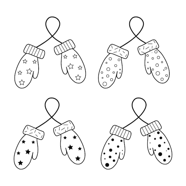 Mittens on a string with simple figures of a circle a star a snowflake Set in the style of Doodle