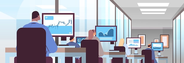 mix race traders stock market brokers analyzing charts or making presentation on computer monitors at workplace office interior horizontal portrait vector illustration
