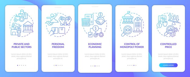 Mixed economy features blue gradient onboarding mobile app screen Walkthrough 5 steps graphic instructions pages with linear concepts UI UX GUI template Myriad ProBold Regular fonts used