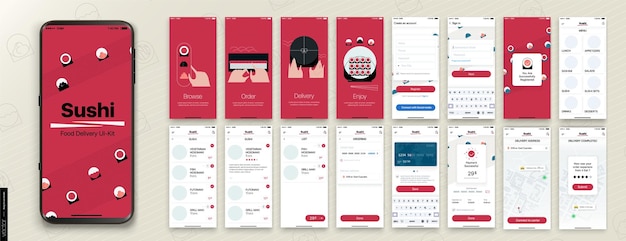 Mobile app design, UI, UX, GUI Mockups Set. Enter login and password and a screen