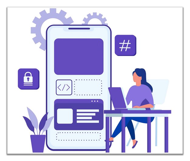 Mobile App Development A woman working on her laptop in front of a smartphone screen