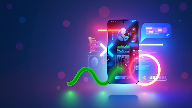Mobile app development concept Phone hanging over desk in neon light with mobile applications development interface elements Smartphone software dev digital technology Mobile app design