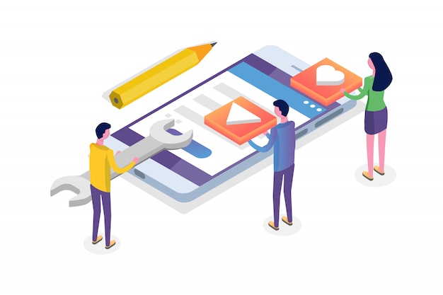 Mobile App Development isometric concept.  Landing page template.  illustration.
