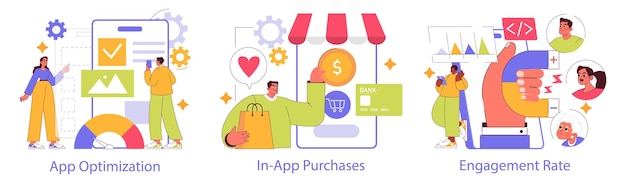 Mobile app development set displaying optimization inapp purchases and user engagement strategies