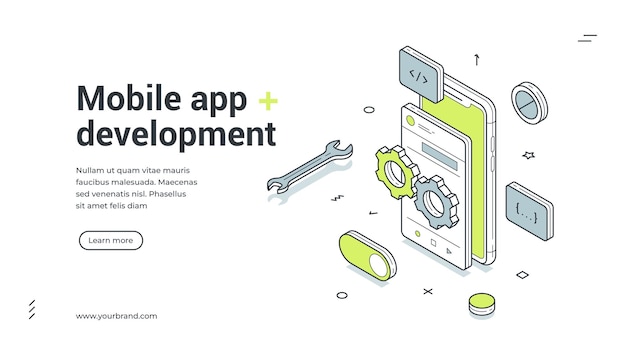Mobile app development software programming isometric web banner design template vector