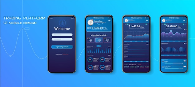 Mobile app infographic template with modern design weekly and annual statistics graphs Pie charts workflow web design UI elements Vector