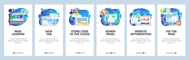 Mobile app onboarding screens Cloud storage service page loading web development and optimization Menu vector banner template for website and mobile development Site design flat illustration